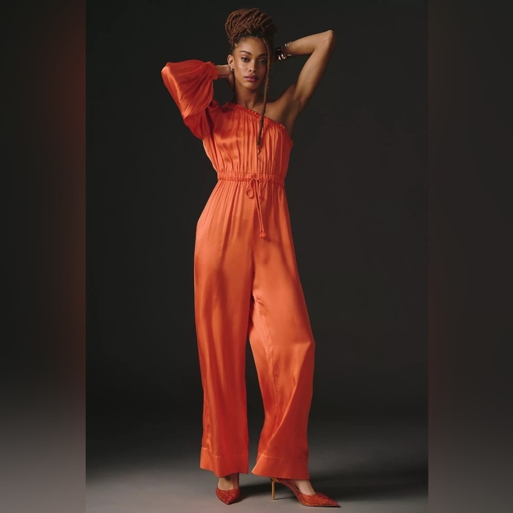 Farm Rio x Anthropologie One Shoulder Jumpsuit Satin Feel Orange Size Medium EUC